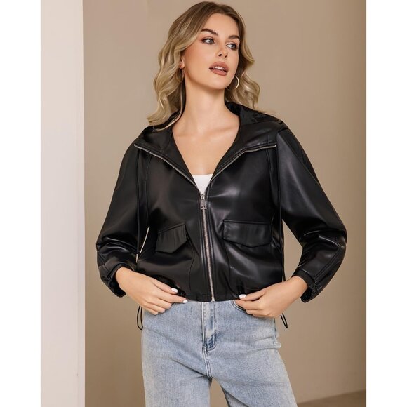 Women Black  Faux Leather Jacket Hooded Moto Biker Outwear Coat - Picture 5 of 6